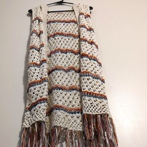 Altar'd State Sleeveless Striped Crochet Boho Kimono Duster with Hood